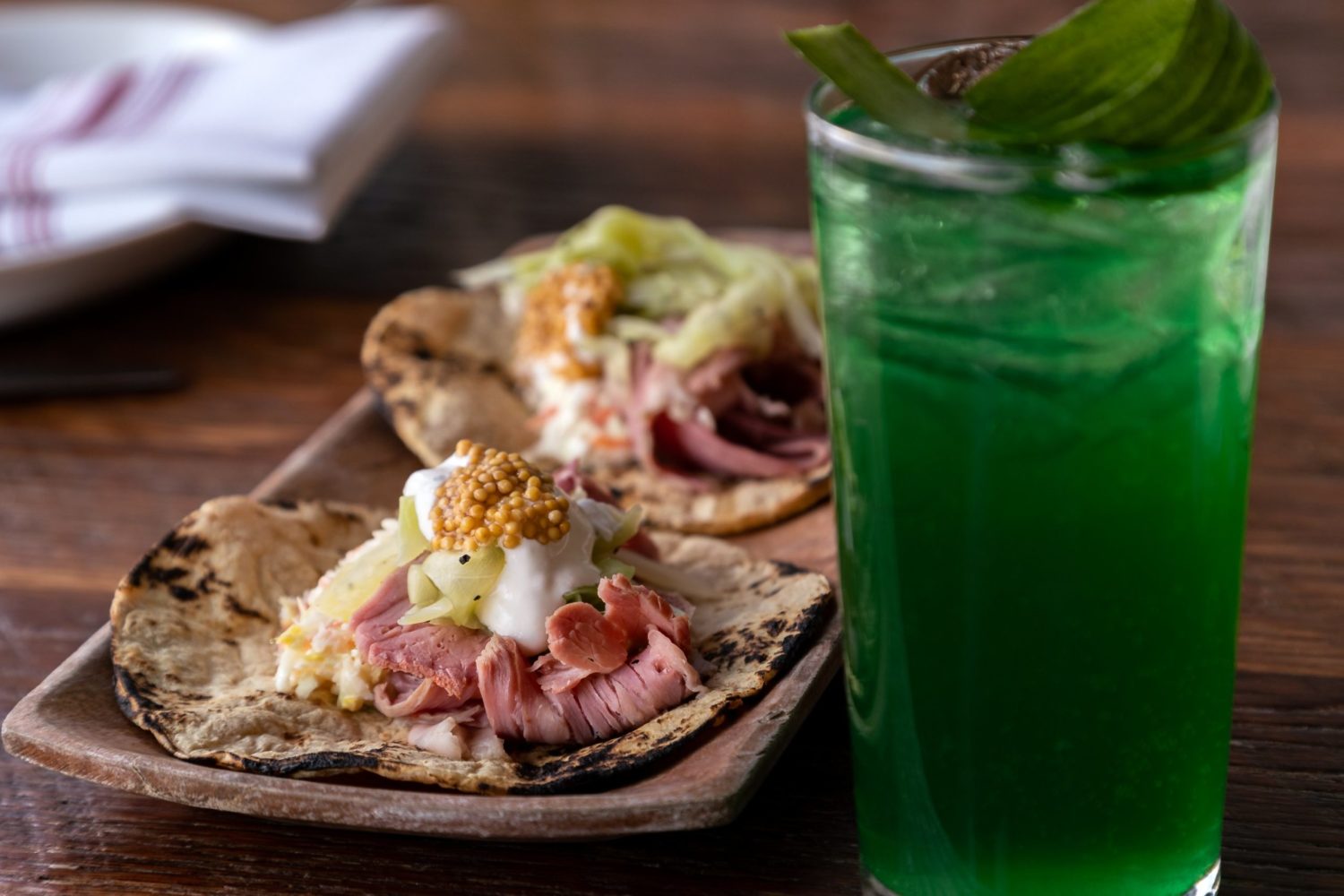 Corned beef tacos and green cocktails for St. Patricks Day brunch at Tico. Photograph by Clark Douglas.