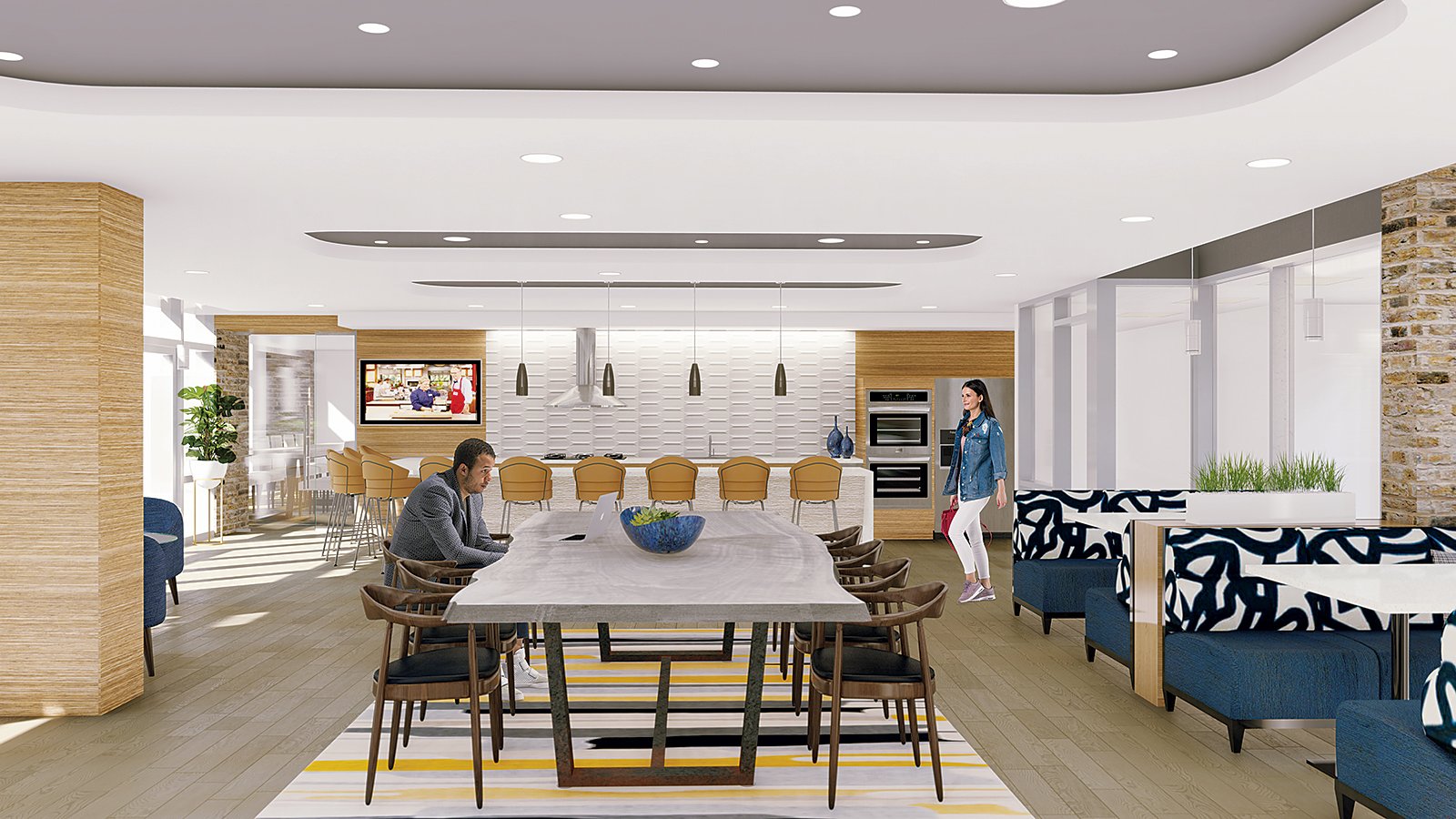 A rendering of a communal space at the Clark, set to begin leasing soon. Courtesy of the Clark.