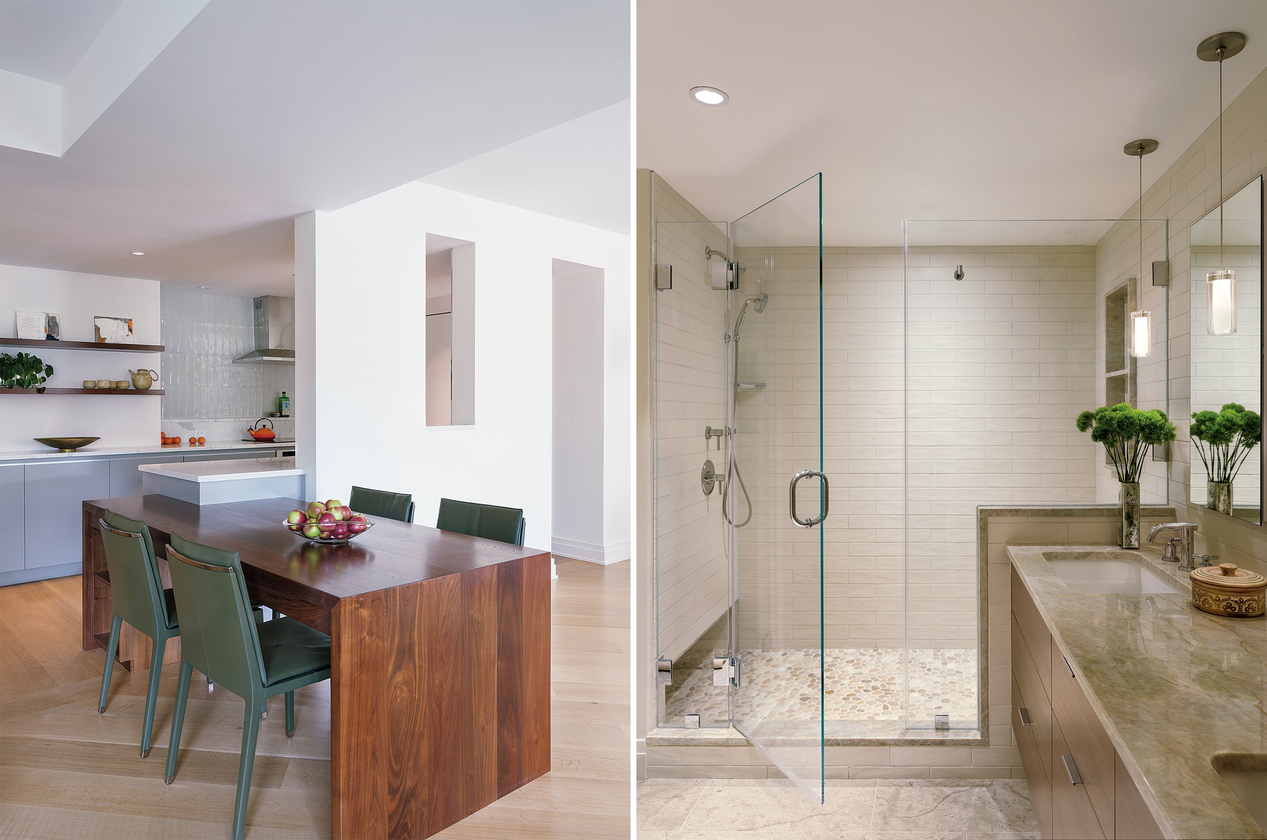 The homeowners’ architect designed the built-in breakfast table, which can double as a workspace. The renovated master bathroom includes plenty of natural stone and a large walk-in shower that will be able to accommodate the couple as they age in place. Photographs by Angie Seckinger.