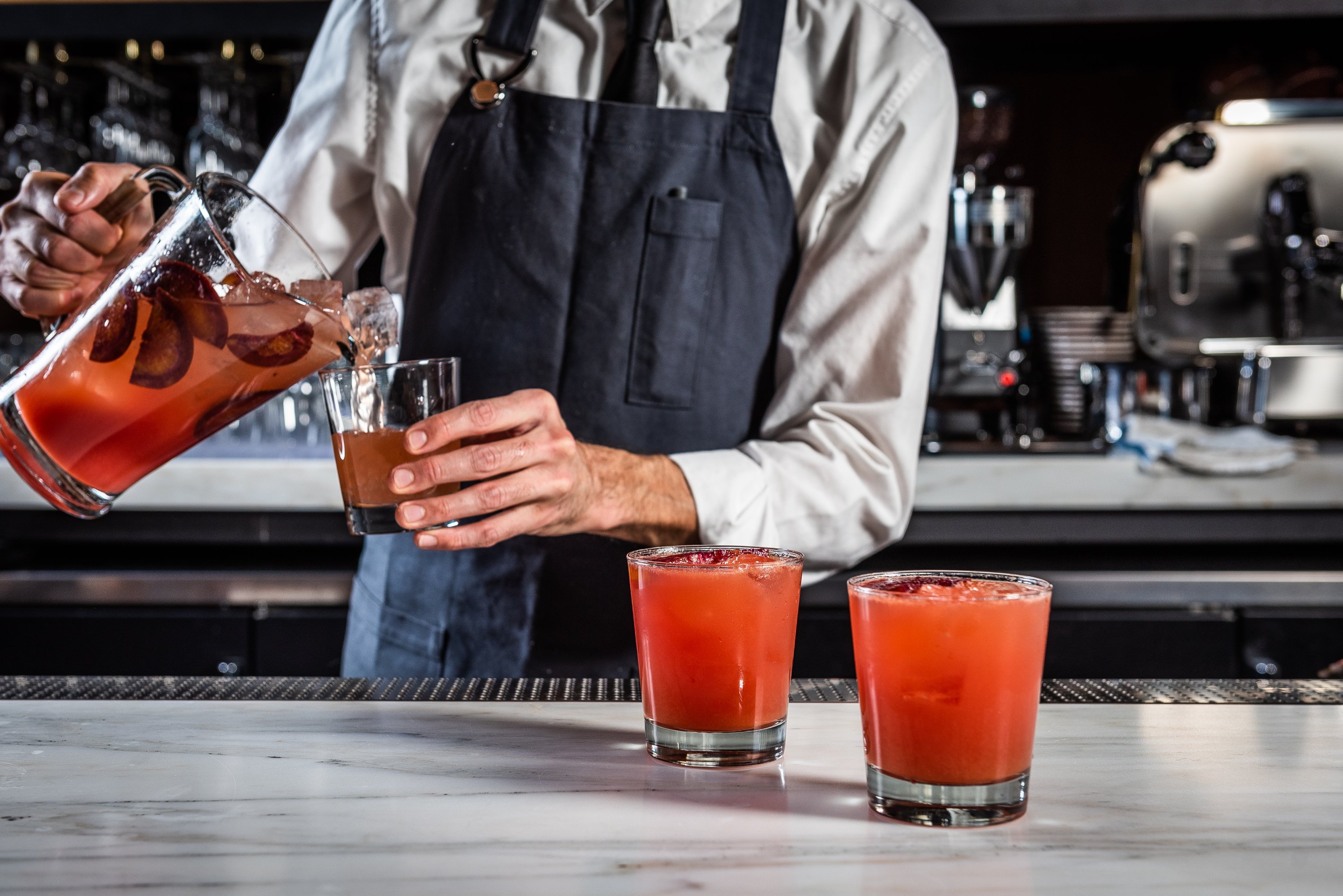 Seasonal sangrias are available alongside classic red, white, and rosé versions. 