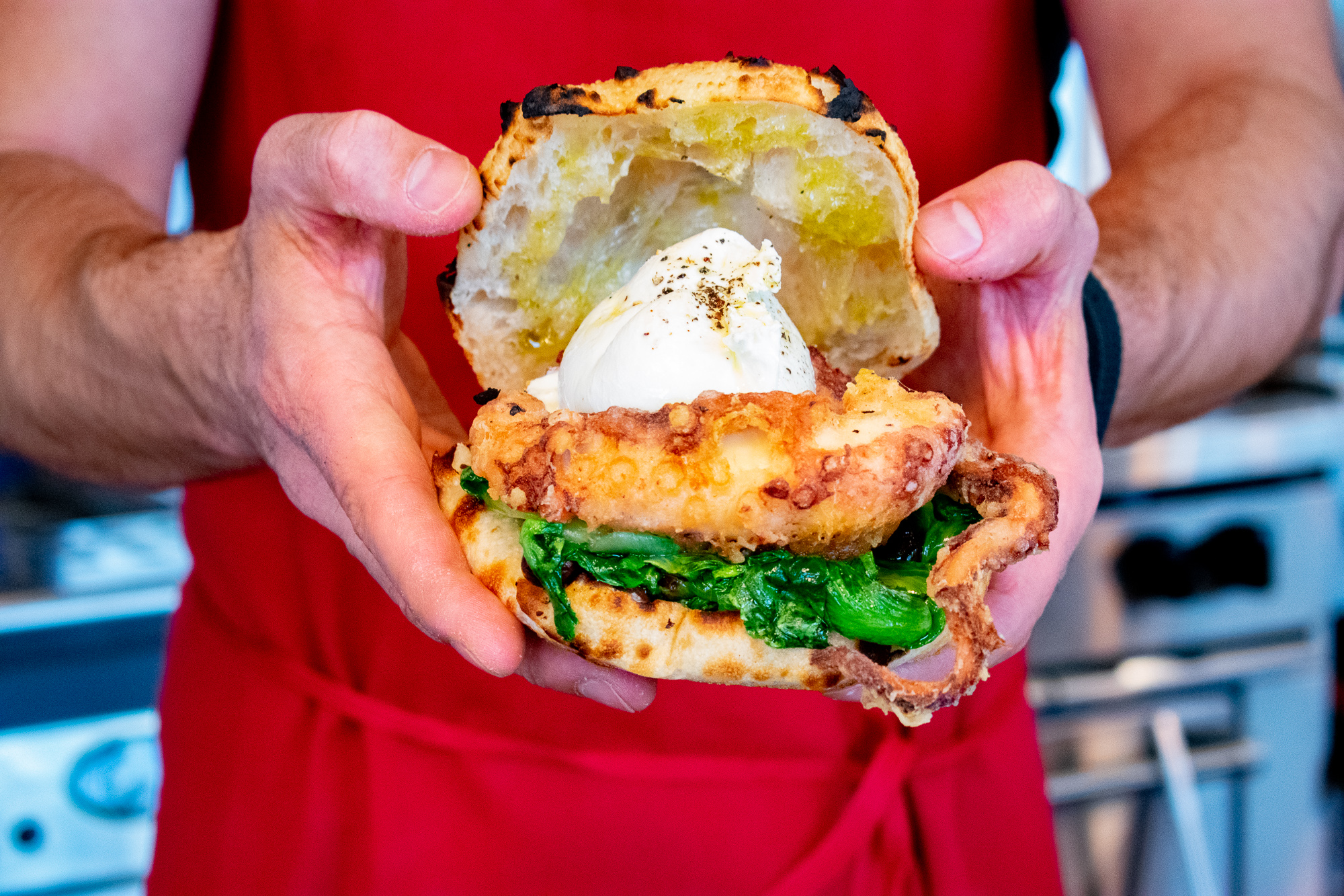 DSC_0113 - Washingtonian The fried octopus, burrata, and black olive sandwich nods to an appetizer at Lupo Verde. Photograph by Meaghan Webster.