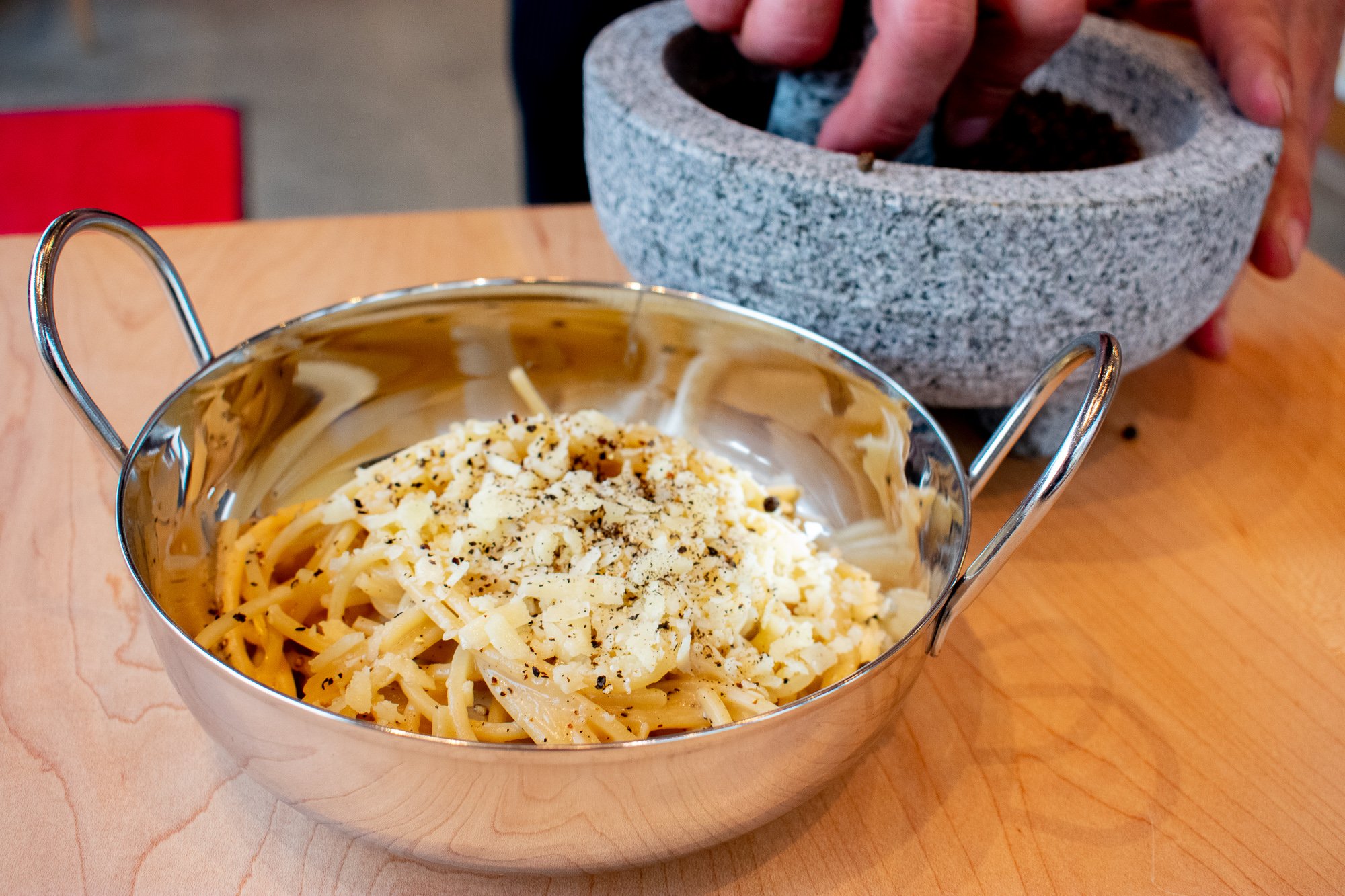 Cacio e pepe is one of three pastas on the menu. The pepper is ground with a mortar and pestle. Photograph by Meaghan Webster. 