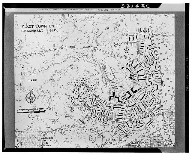 A map of Greenbelt's first town unit, 1936. Photograph courtesy of Library of Congress. A map of Greenbelt's first town unit, 1936. Photograph courtesy of Library of Congress.