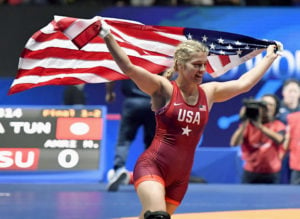 Helen Maroulis celebrates after winning gold at the world wrestling championships in Paris in 2017. Kyodo via AP Images.