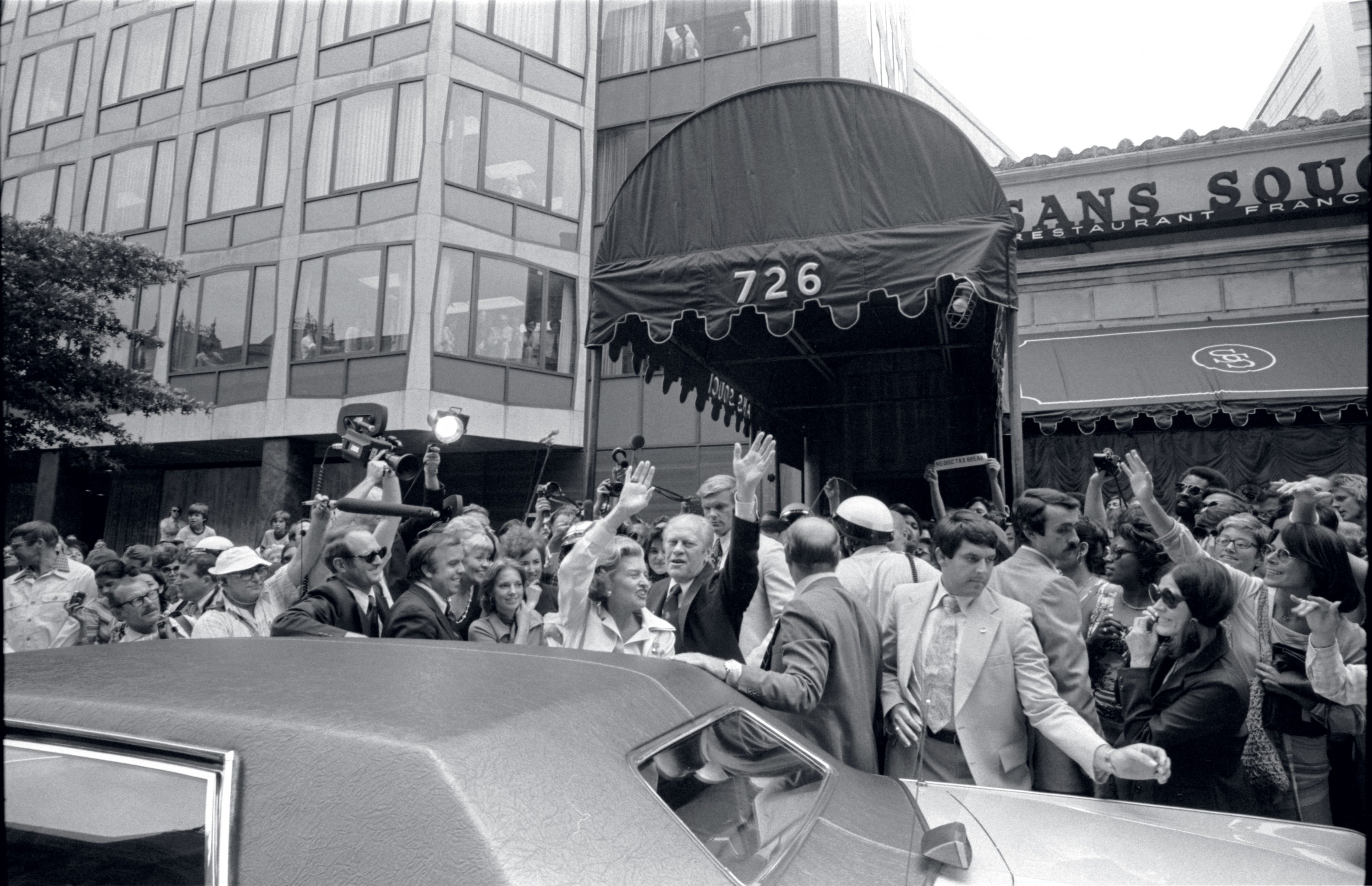 Gerald and Betty Ford leave the Sans Souci on July 14, 1976, after a surprise birthday lunch away from the white House. Photograph courtesy of Gerald R.Ford presidential library.