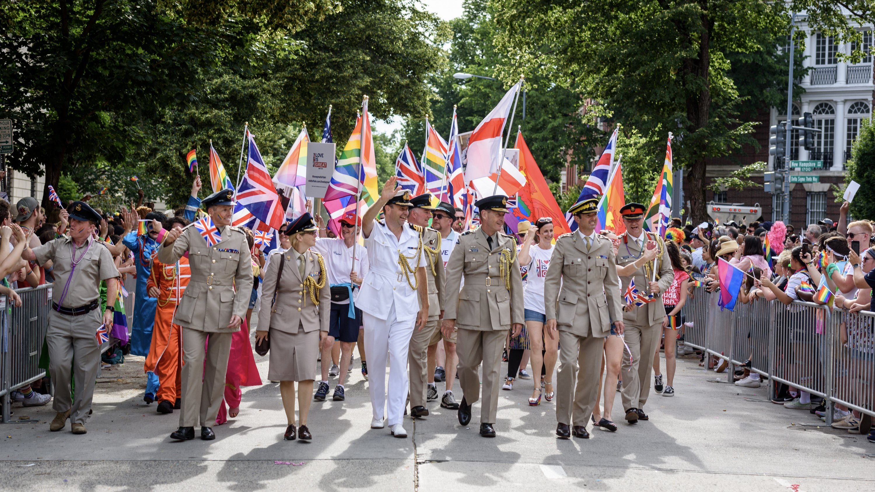 Pride Parade 2019-50 (1) - Washingtonian Clad in military uniforms, embassy staff waved rainbow Union Jack flags. Photograph by Scott Marder.