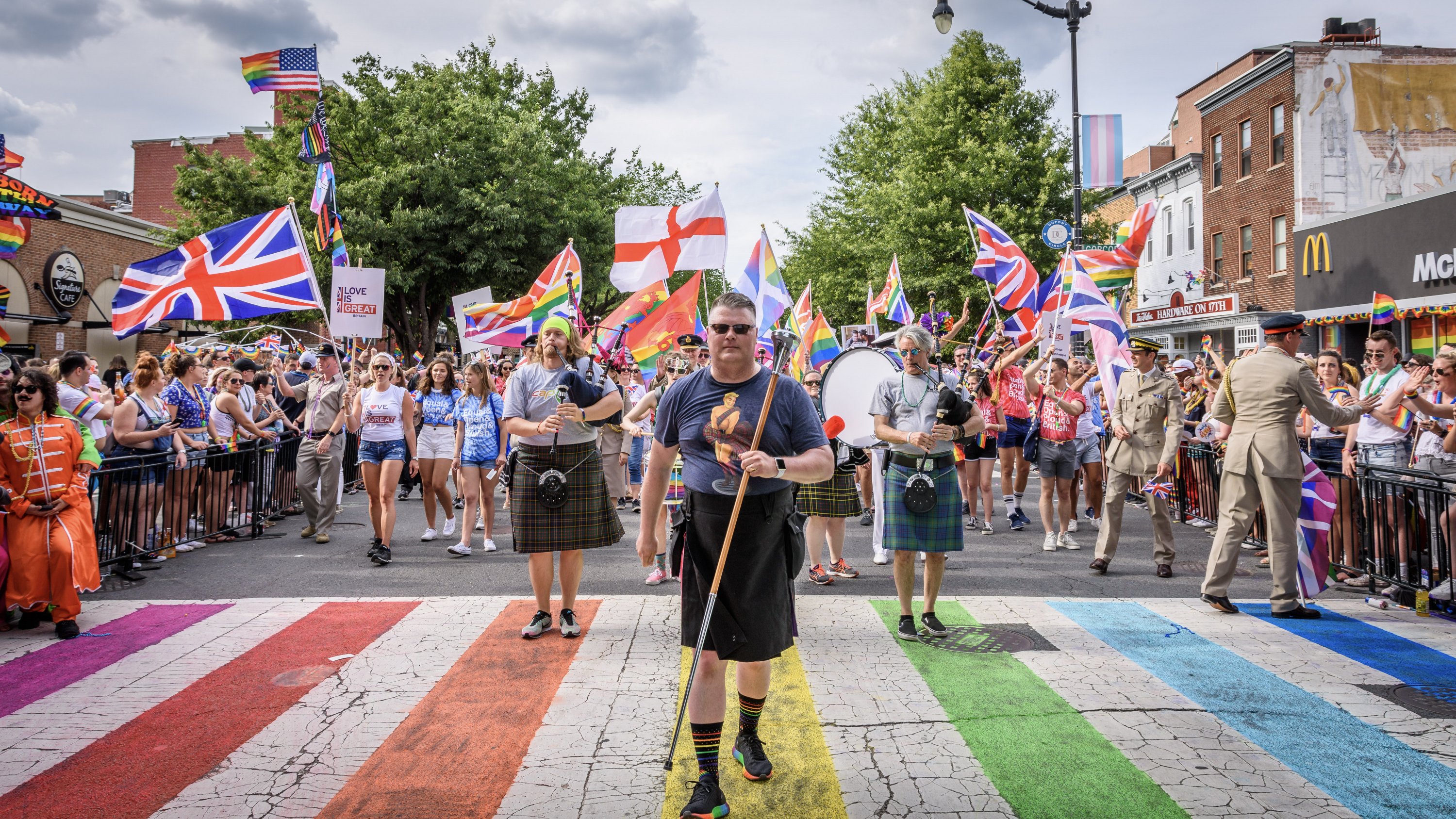 Pride Parade 2019-64 - Washingtonian Bag pipe players lead the embassy's float. Photograph by Scott Marder.