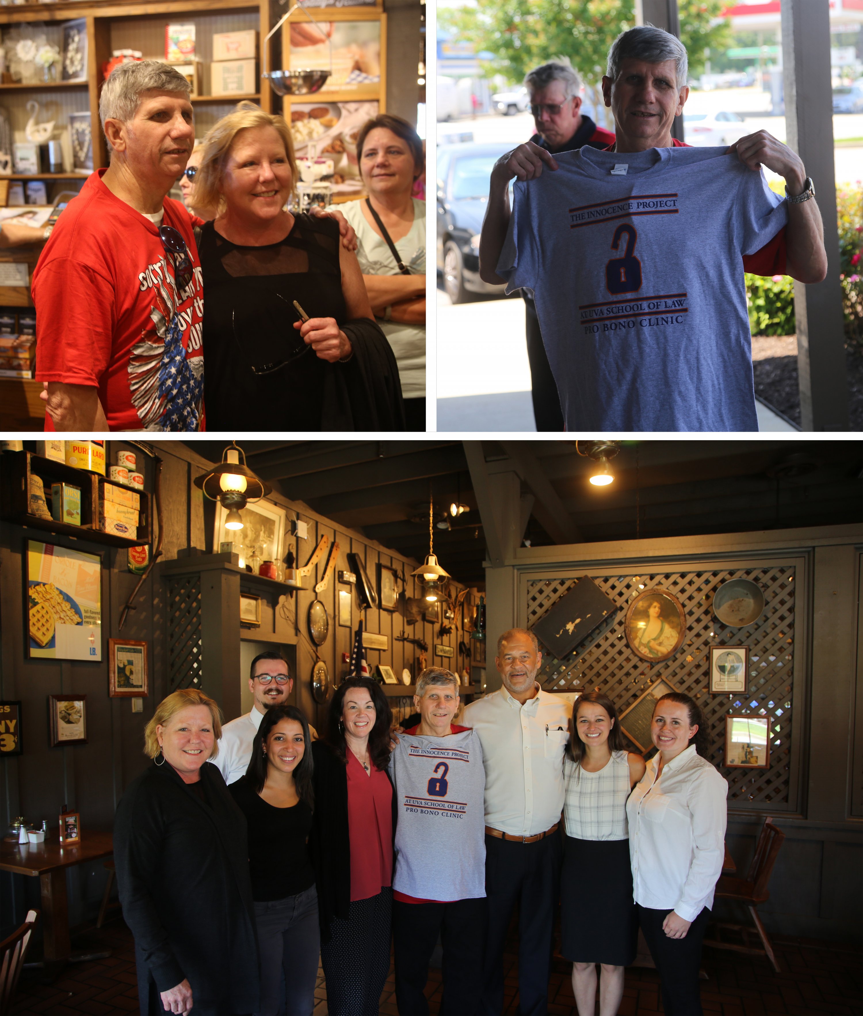 Lawyers from Stevens's UVA team celebrated his release with him and his family. He can't return to Lancaster, however, and is still fighting to clear his name. Photographs courtesy of the Innocence Project at UVA School of Law.