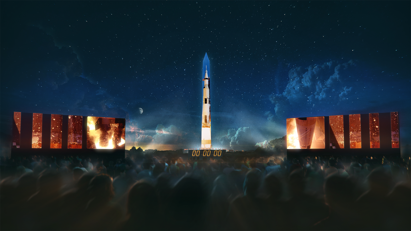 The Washington Monument transforms into the Saturn V rocket for a show depicting the lunar mission. Image courtesy of the National Air and Space Museum.