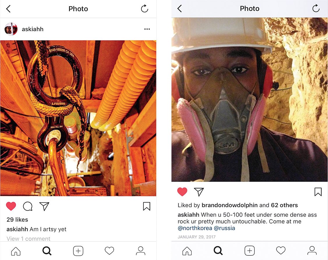 Two of Askia’s Instagram posts from the tunnels. Photographs courtesy of Montgomery County Circuit Court and Khafra Family.