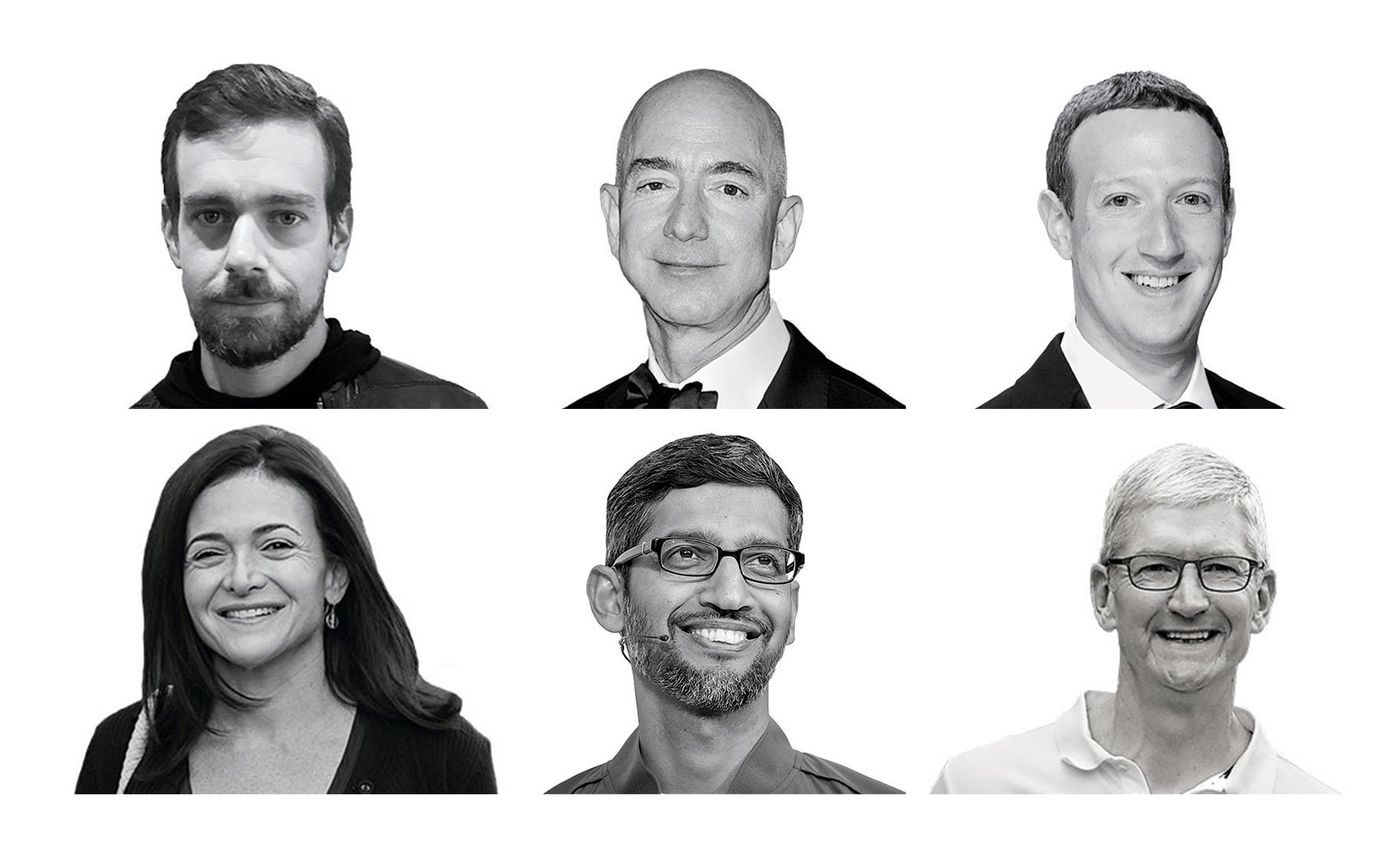 The heads of Big Tech—Barry Lynn's nemesis. Top row, from left to right: Twitter CEO Jack Dorsey (Rory Cellan/Flickr), Amazon CEO Jeff Bezos (Allen Berezovsky/WireImage), Facebook CEO Mark Zuckerberg (Taylor Hill/Getty); Bottom row, from left to right: Facebook COO Sheryl Sandberg (Drew Angerer/Getty), Google CEO Sundar Pichai (David Paul Morris/Bloomberg), Apple CEO Tim Cook (Drew Angerer/Getty).