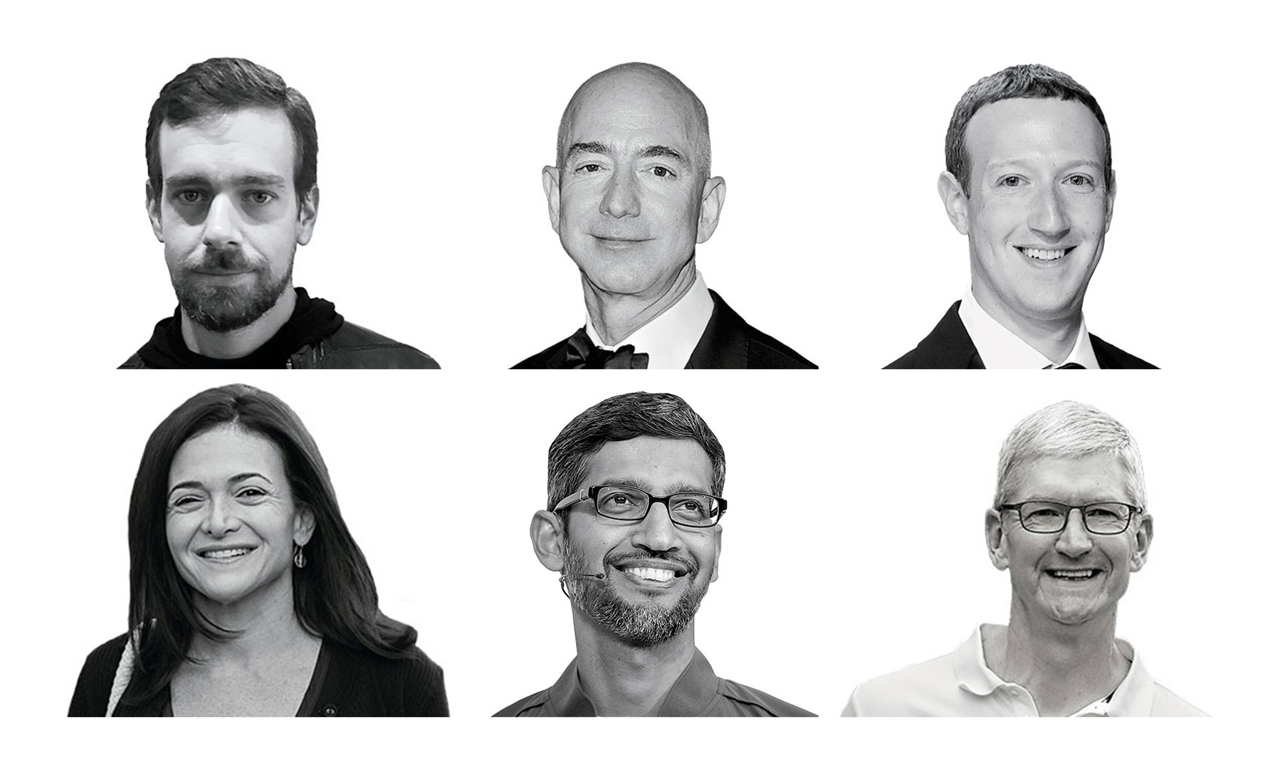CEOS - Washingtonian The heads of Big Tech—Barry Lynn's nemesis. Top row, from left to right: Twitter CEO Jack Dorsey (Rory Cellan/Flickr), Amazon CEO Jeff Bezos (Allen Berezovsky/WireImage), Facebook CEO Mark Zuckerberg (Taylor Hill/Getty); Bottom row, from left to right: Facebook COO Sheryl Sandberg (Drew Angerer/Getty), Google CEO Sundar Pichai (David Paul Morris/Bloomberg), Apple CEO Tim Cook (Drew Angerer/Getty).