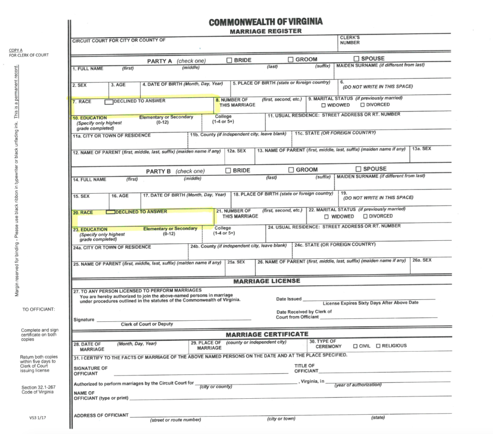 Couples Can Now Decline to List Their Race on Virginia Marriage License can you print out a marriage license