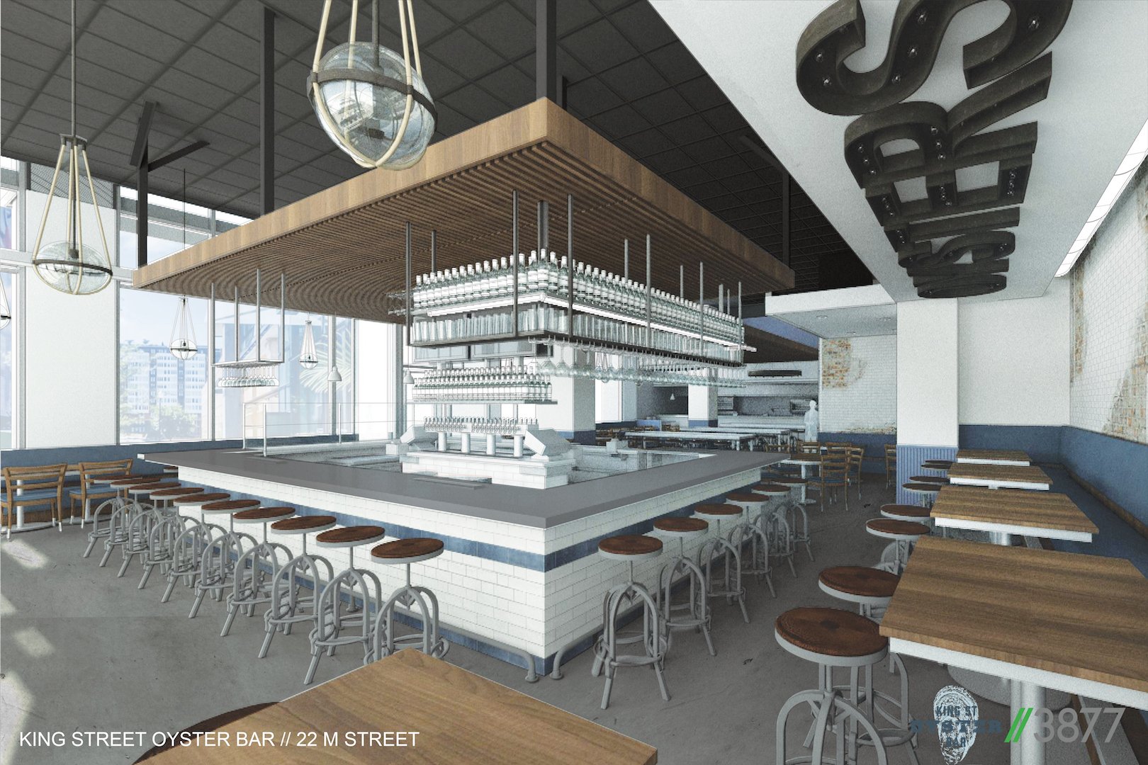 A rendering of the restaurant with an open bar and giant "oysters" sign. Courtesy of King Street Oyster Bar.