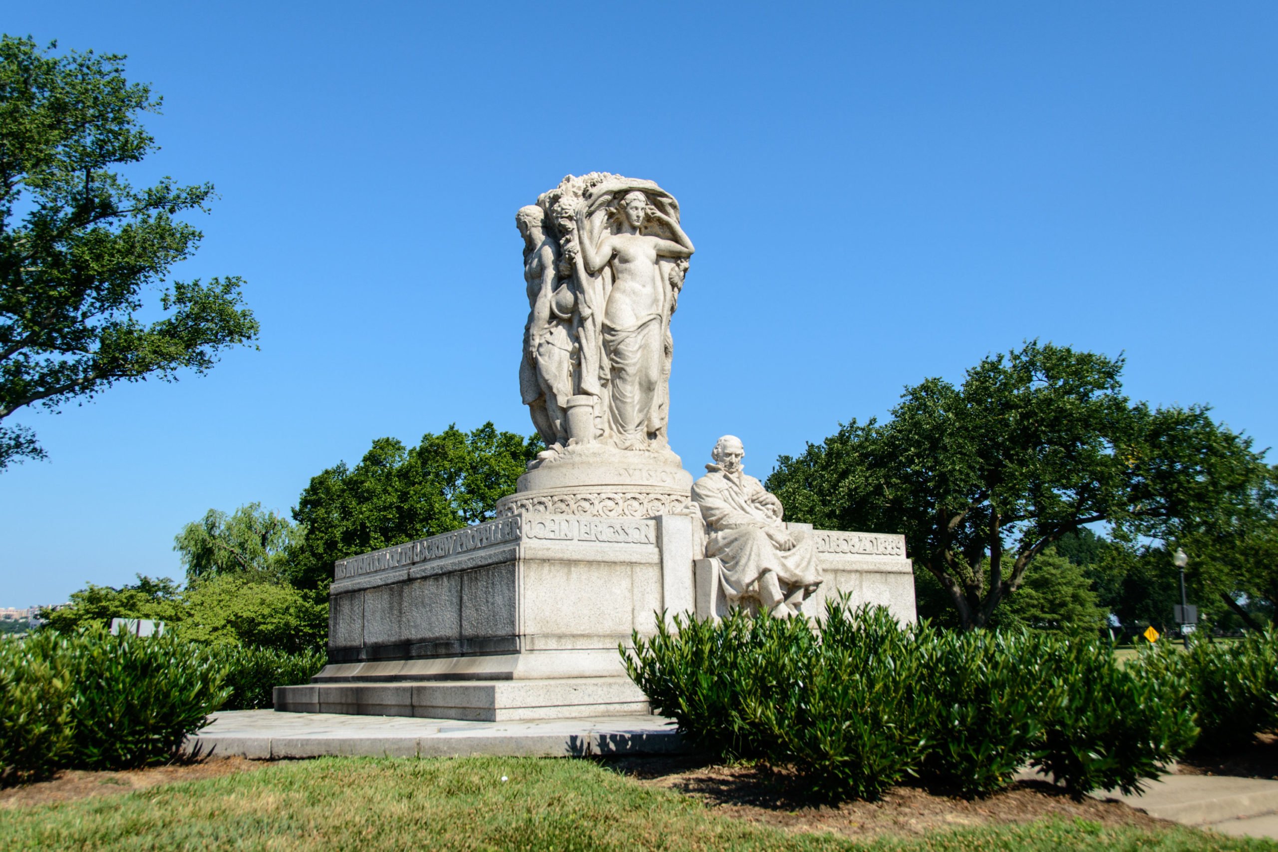 WASHINGTON DC, USA - John Ericsson National Memorial Wide from Left. The John Ericsson National Memorial, on the bank of the Potomac River near the Lincoln Memorial, is a monument to Civil War naval engineer John Ericsson, the designer of the breakthrough - Washingtonian