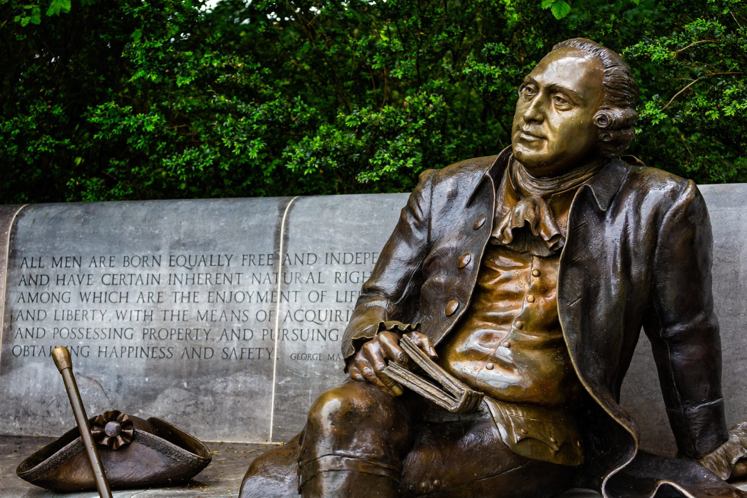 Statue of US Founding Father George Mason in the George Mason Memorial garden in Washington DC, USA on 13 May 2019 - Washingtonian