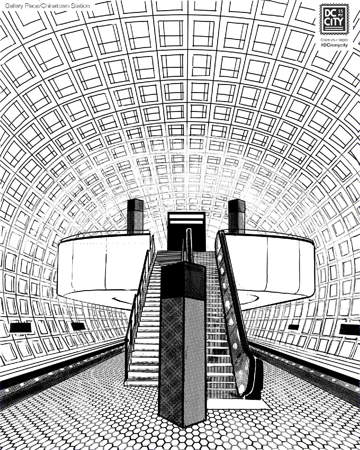 You can color in the Gallery Place/Chinatown Metro station. Illustrated by Carlos Carmonamedina.