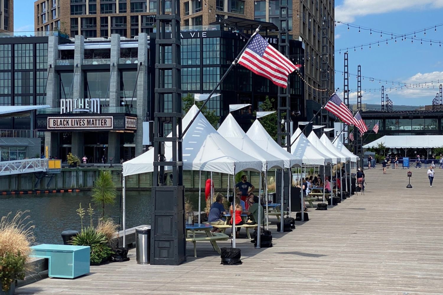 Cabanas are set up on District Pier at the Wharf. Photo courtesy of Camp Anthem.