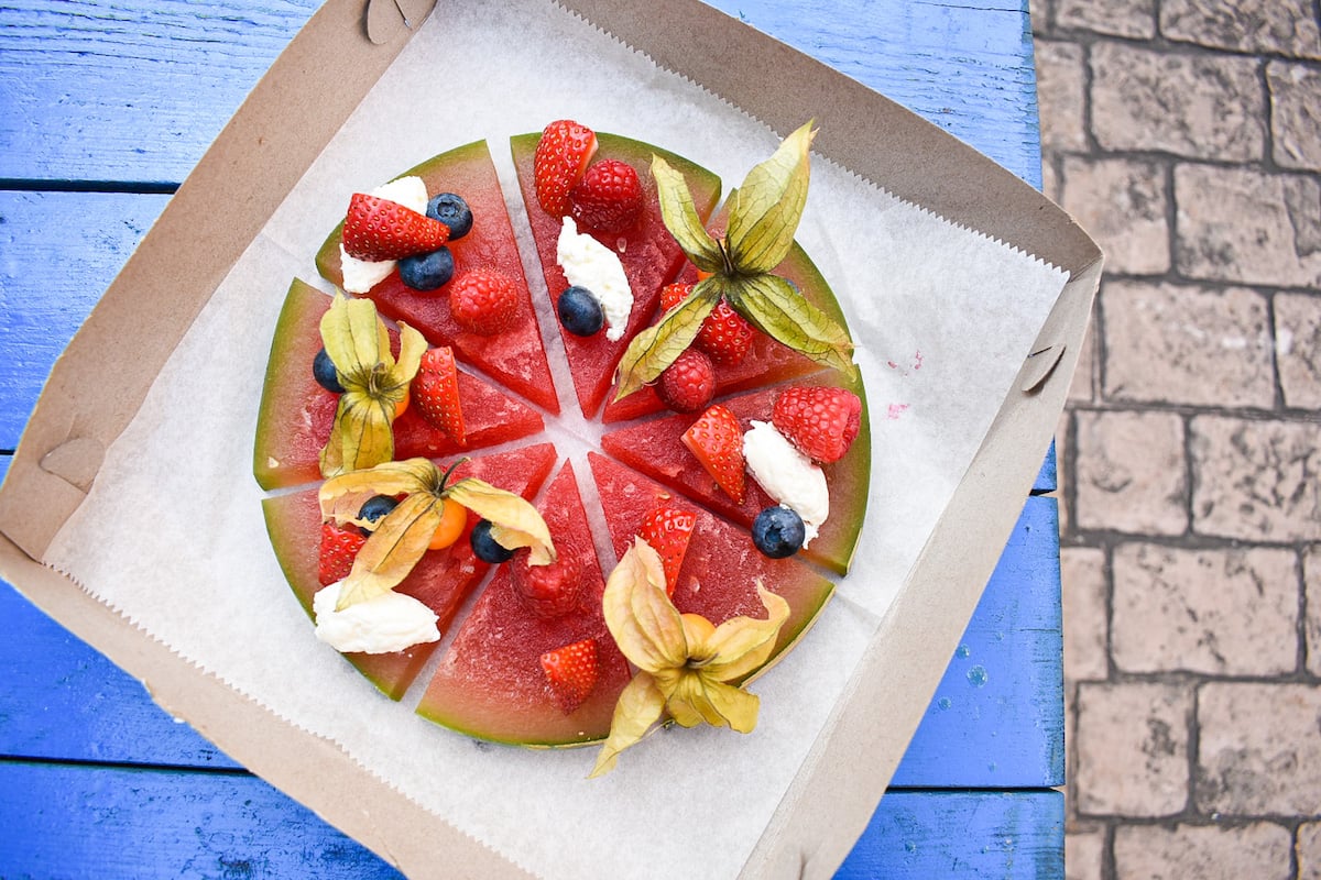 Rum soaked “watermelon pizza" at Pier 1354. Photograph by Amanda Hoey.