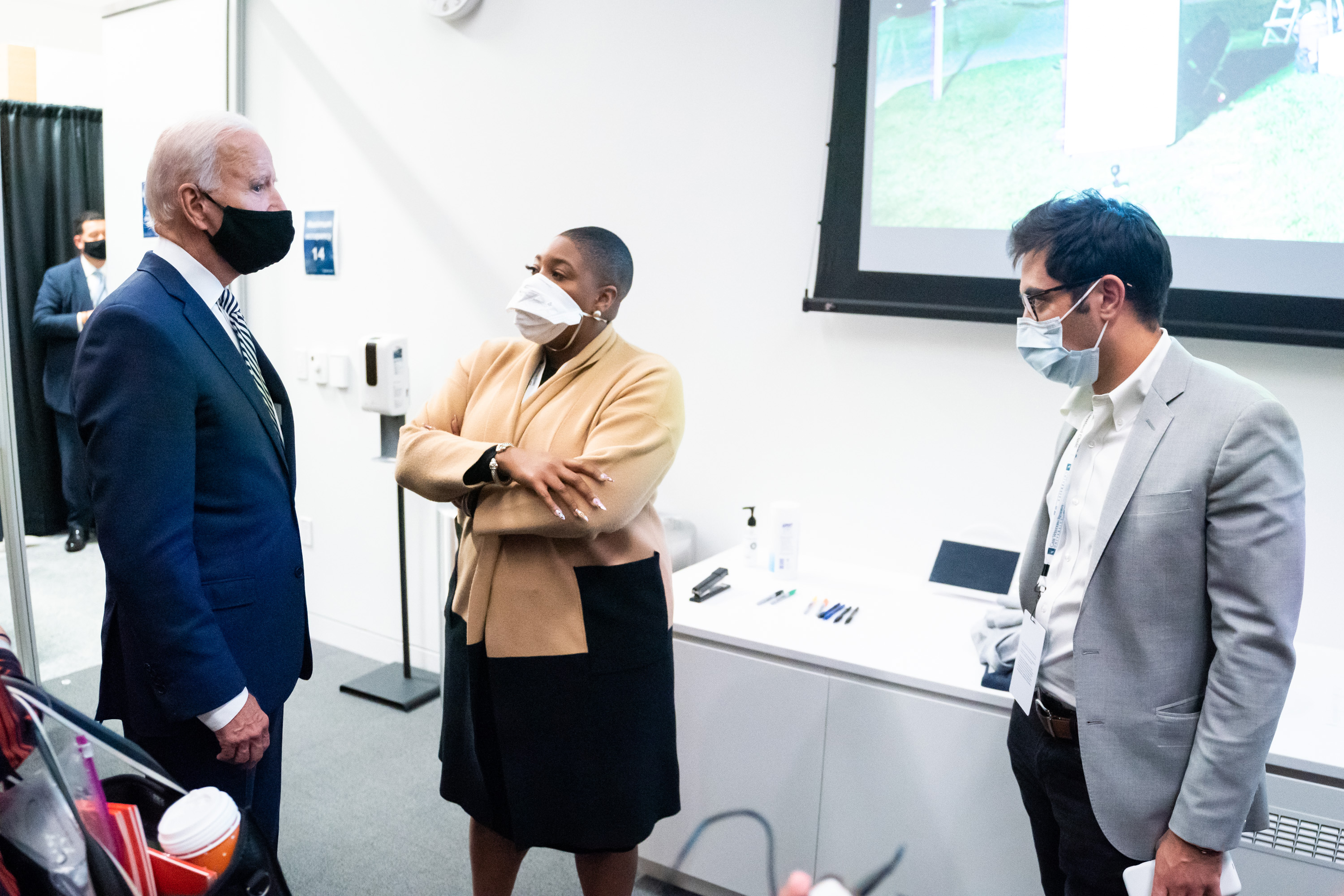 Ducklo and senior adviser Symone Sanders backstage at the first presidential debate in Cleveland. Photograph by Adam Schultz/Biden for President.