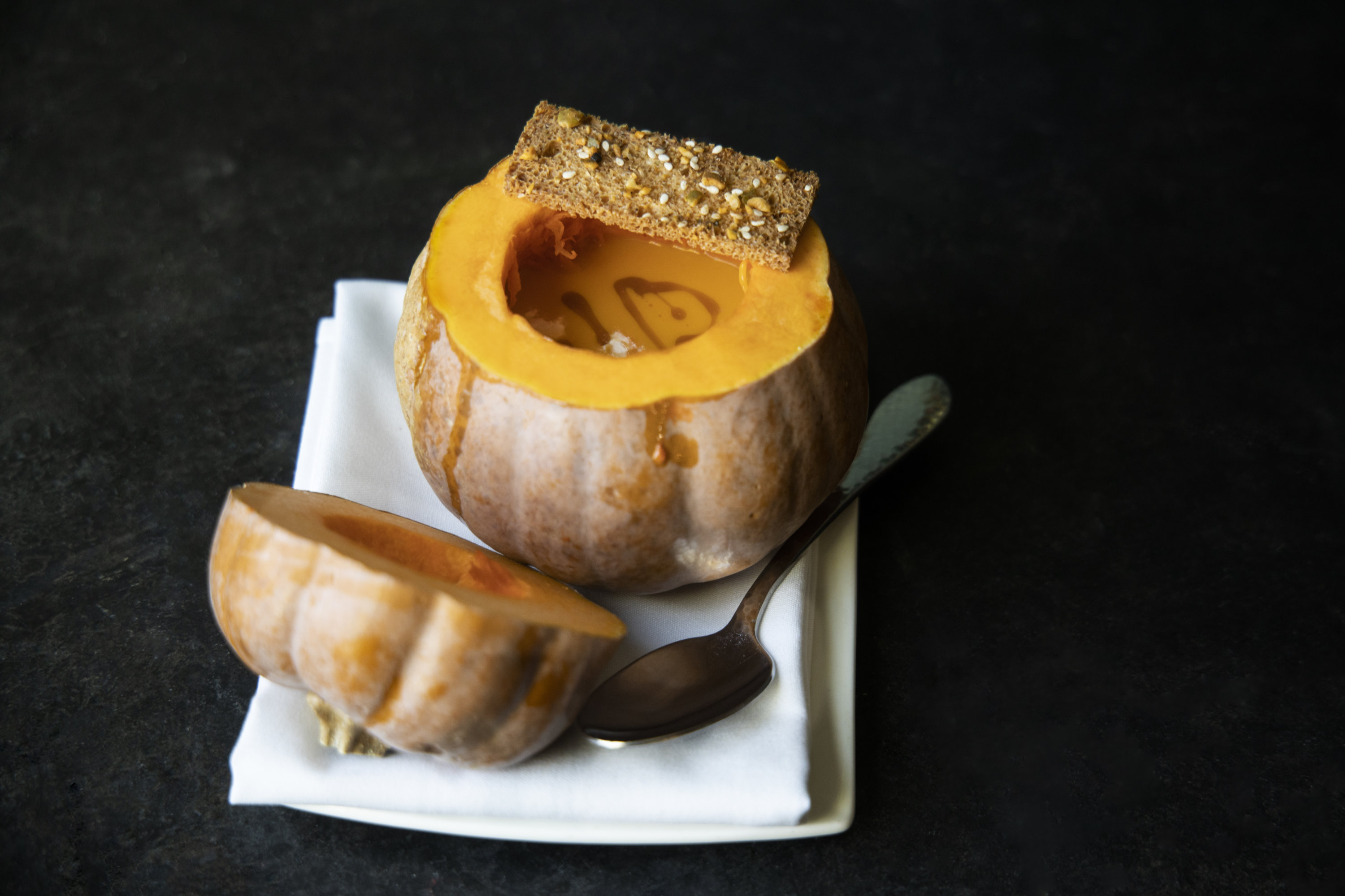 Koginut squash soup served in a koginut squash. Photo by Jennifer Chase. 