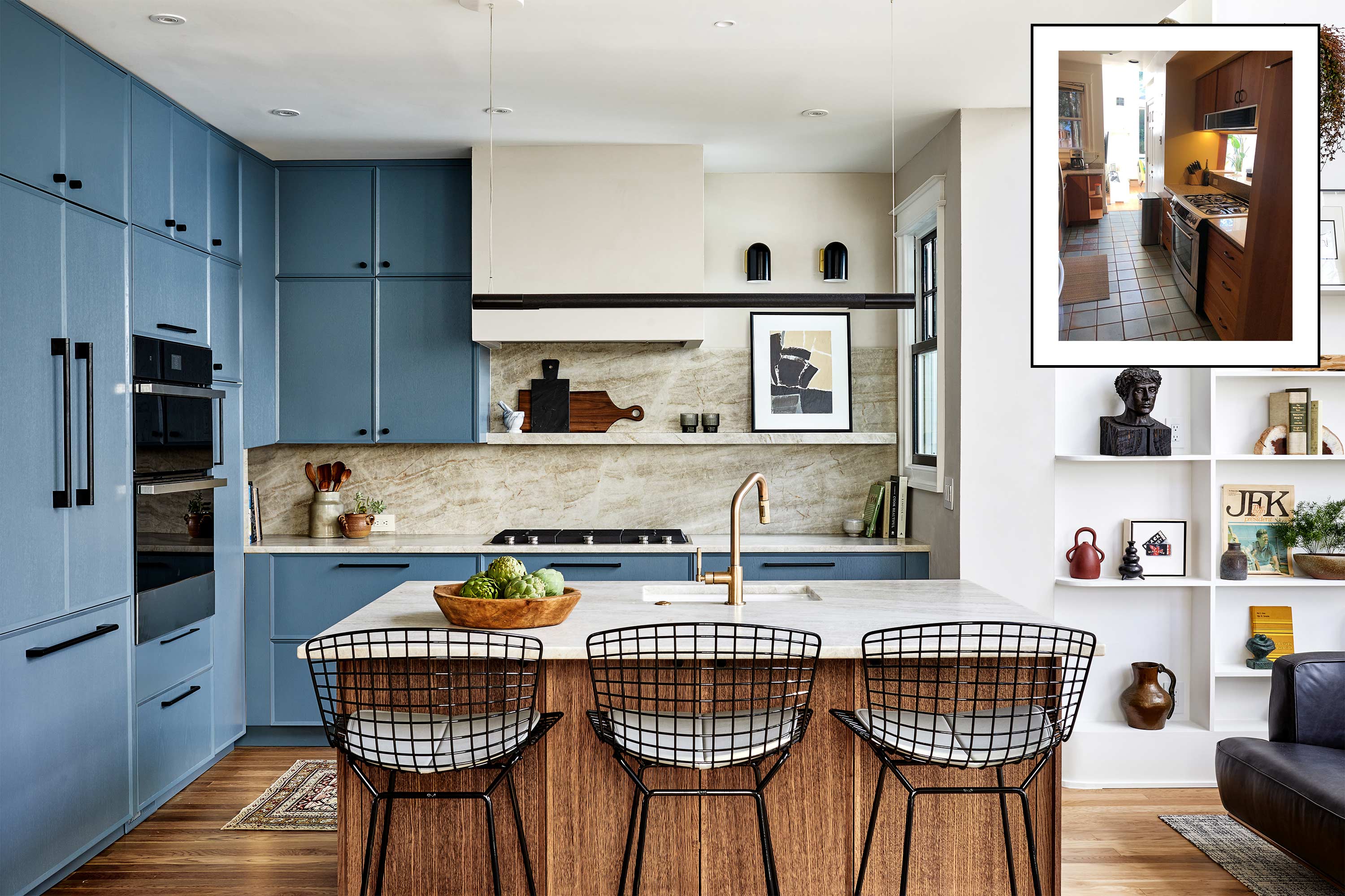 This DC Rowhouse Renovation Includes Dramatic Built-In Shelving and a Blue Kitchen