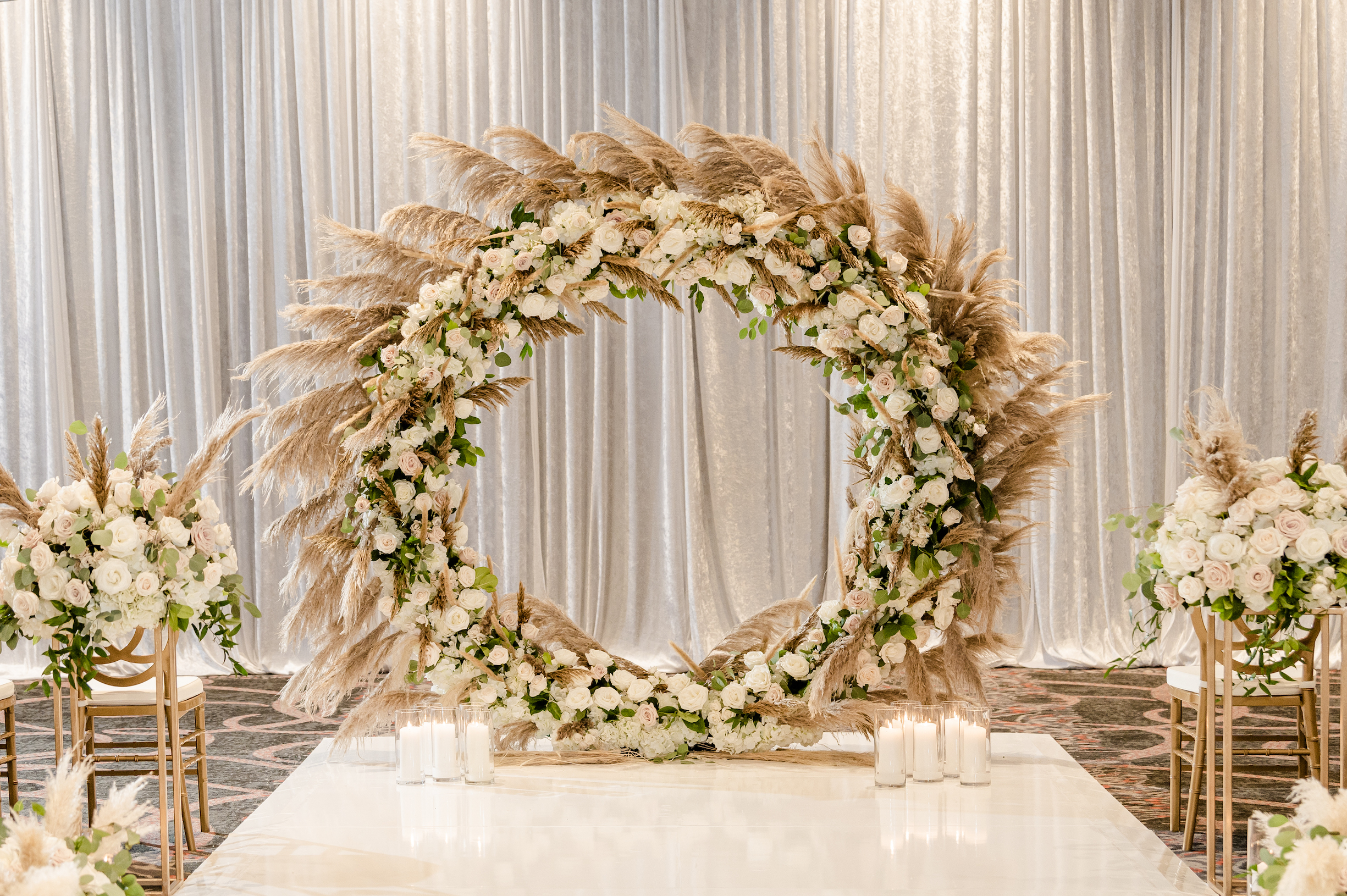 Boho White and Gold Pampas Grass Floral Arrangement Wedding Centerpiece 