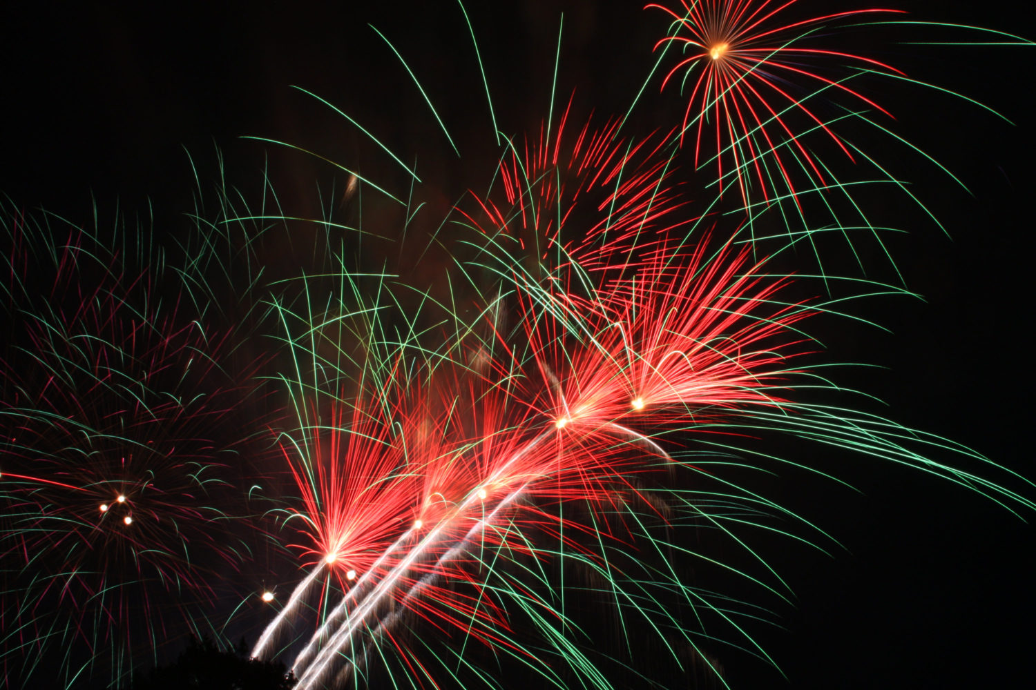 Red and green fireworks.