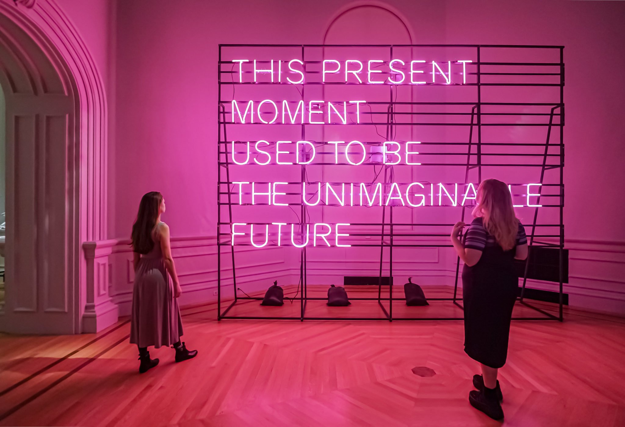 Alicia Eggert's neon artwork "This Present Moment" (2019-2020) on view at the Renwick Gallery.