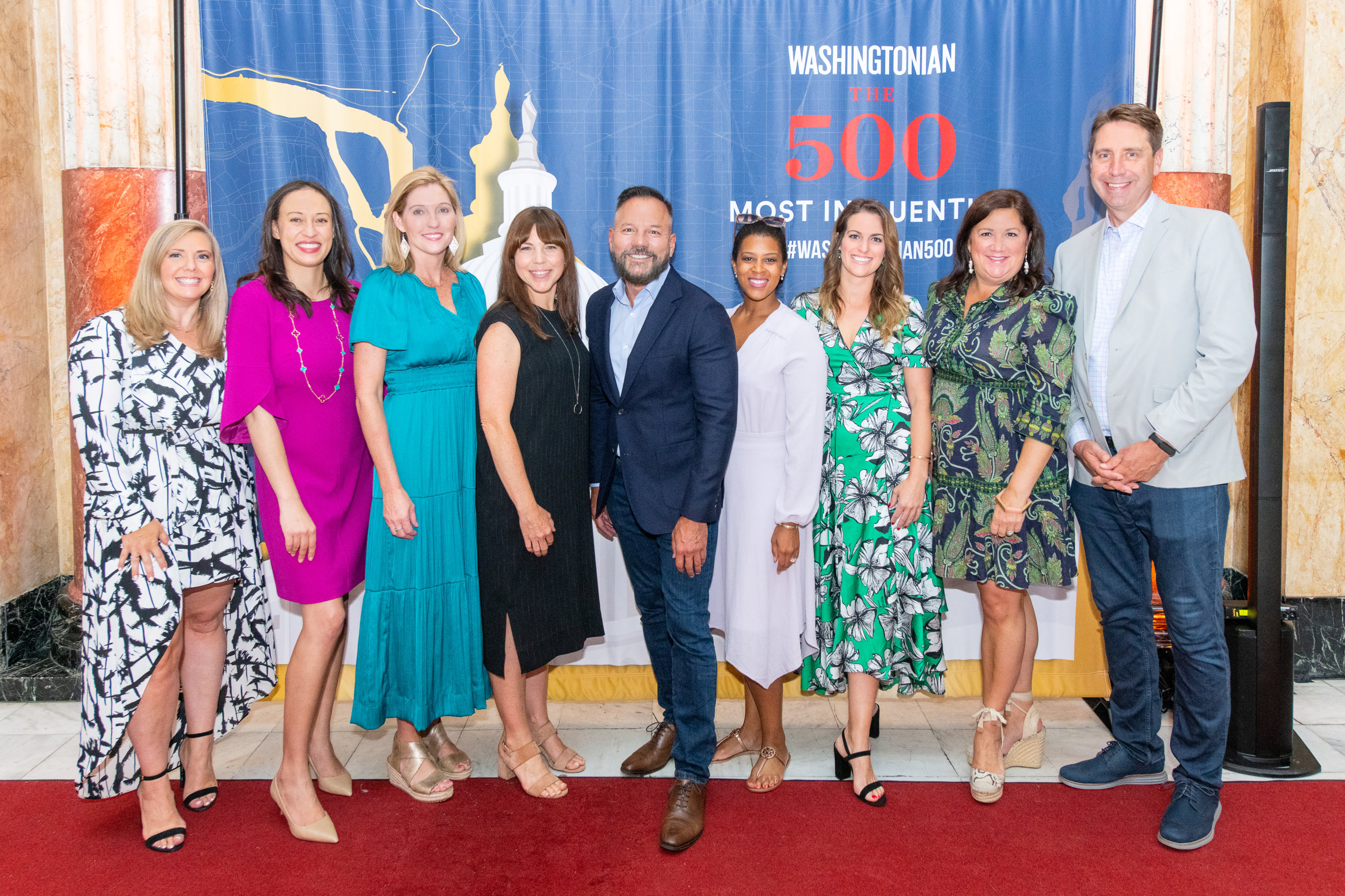 Amazon public policy team: Rachael Lighty, Jillian Irvin, Holly Sullivan, Andrea Fava, Brian Huseman, Nicole Jefferson, Jena Gross, Ashleigh de la Torre, and Steve Hartell at Washingtonian's 500 Most Influential Celebration