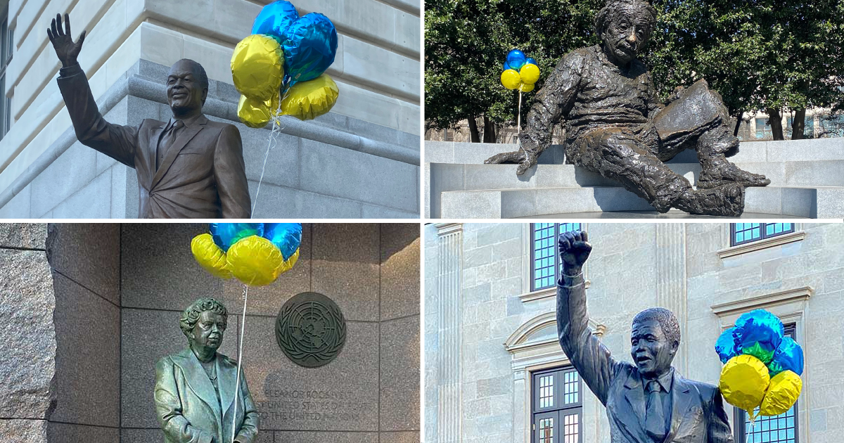 Художник з округу Колумбія прив’язує повітряні кульки до статуй на підтримку України