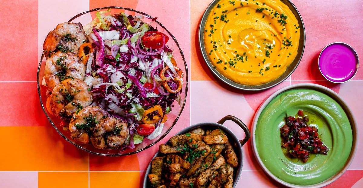 Kebabs (over salad or rice) can be combined with seasonal dips. 
