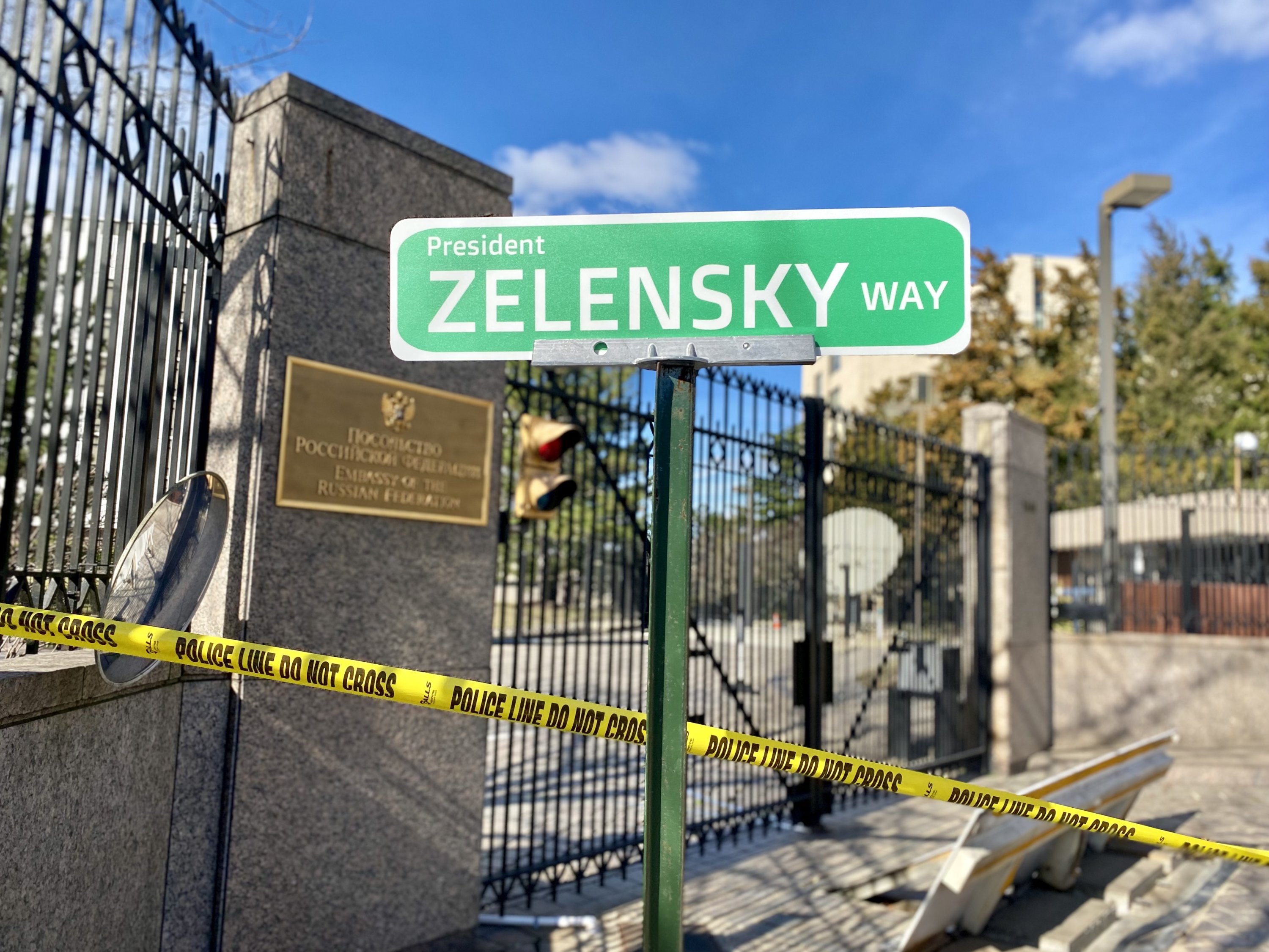 March 7: A “President Zelensky Way” sign outside the Russian Embassy. 