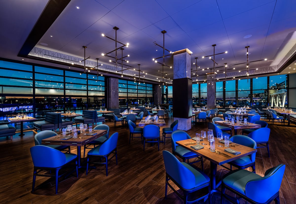The Hell's Kitchen dining room looks out on the water from three sides. Photograph courtesy of Gordon Ramsay North America 
