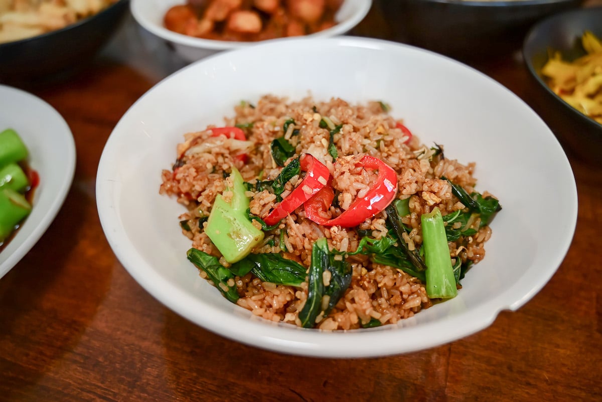 Sides include rice two ways: simply steamed or Thai basil fried (pictured).