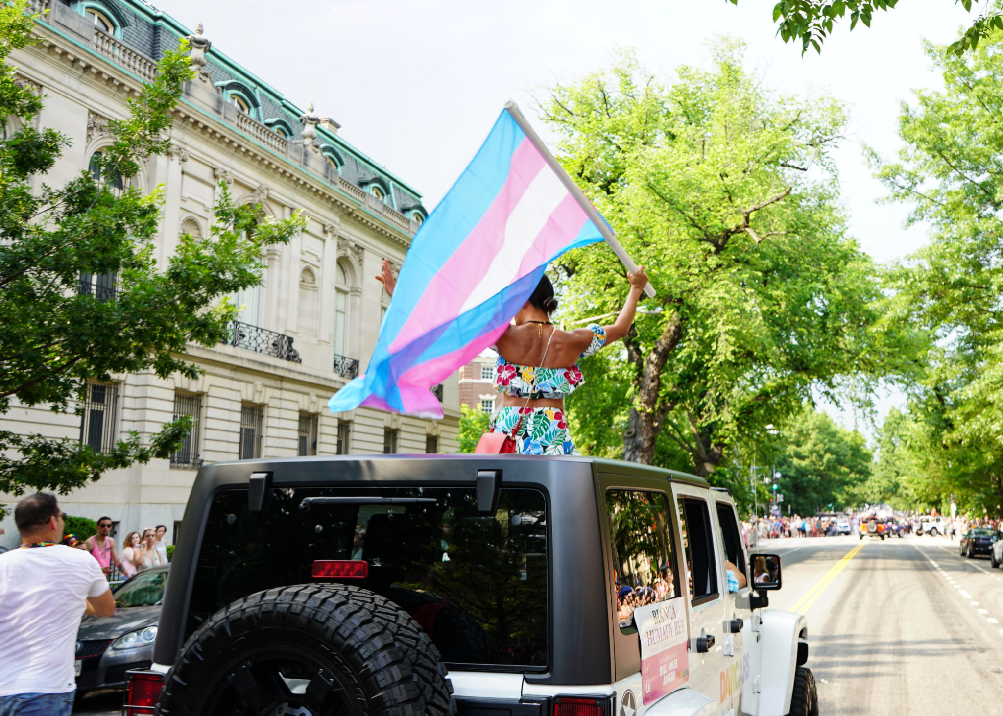 woman holding a trans flag