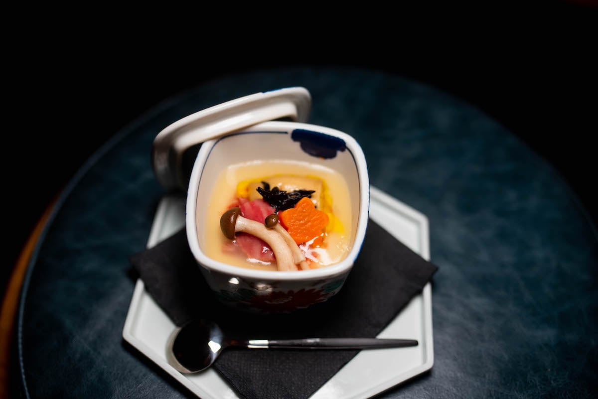 Chawanmushi (egg custard) with wagyu and vegetables. Photograph by Kimberly Kong