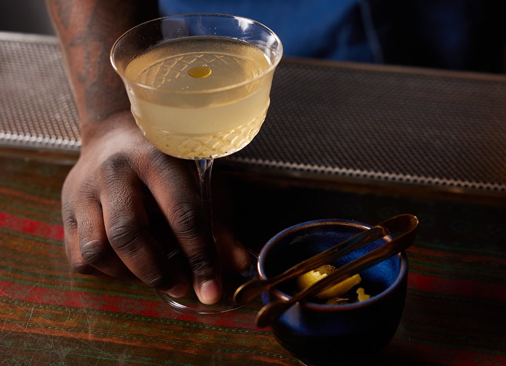 The Za'artini is Drew Hairston's nutty, floral, and savory take on the average dirty martini. Photo courtesy of Baltz & Company.