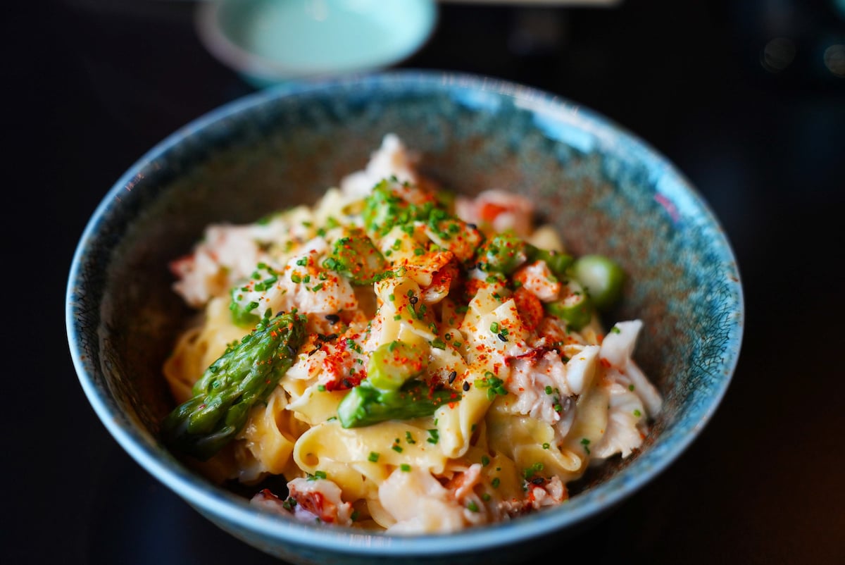 A seasonal noodle course with crab and asparagus at Nama-Ko. Photograph courtesy of Nama-Ko