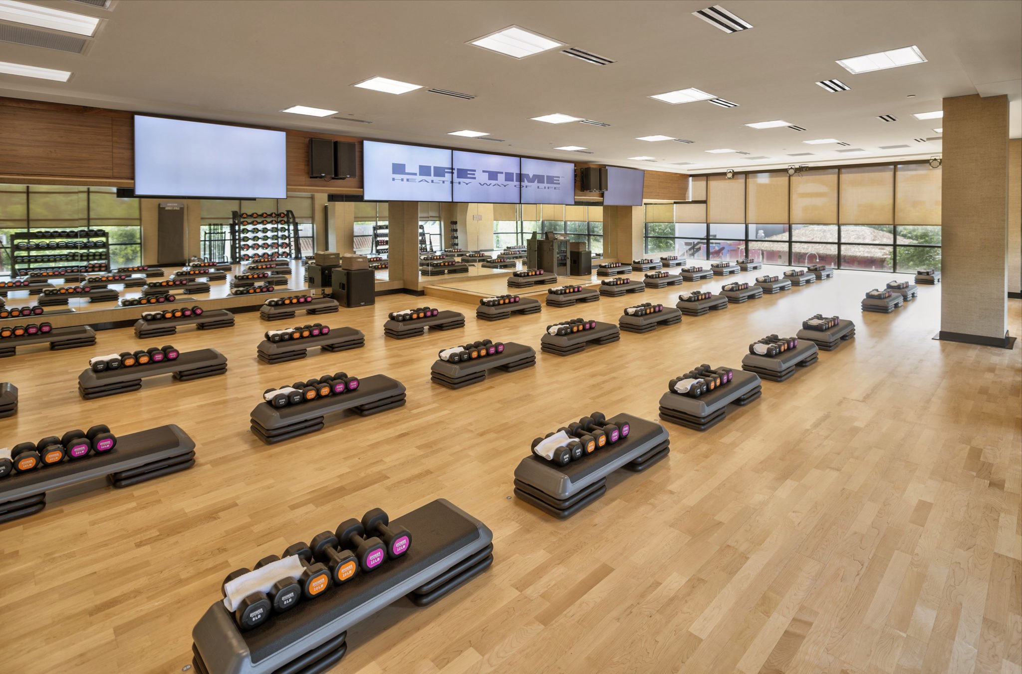 A group fitness studio at Life Time Clarendon. Photo by Fredde Lieberman.