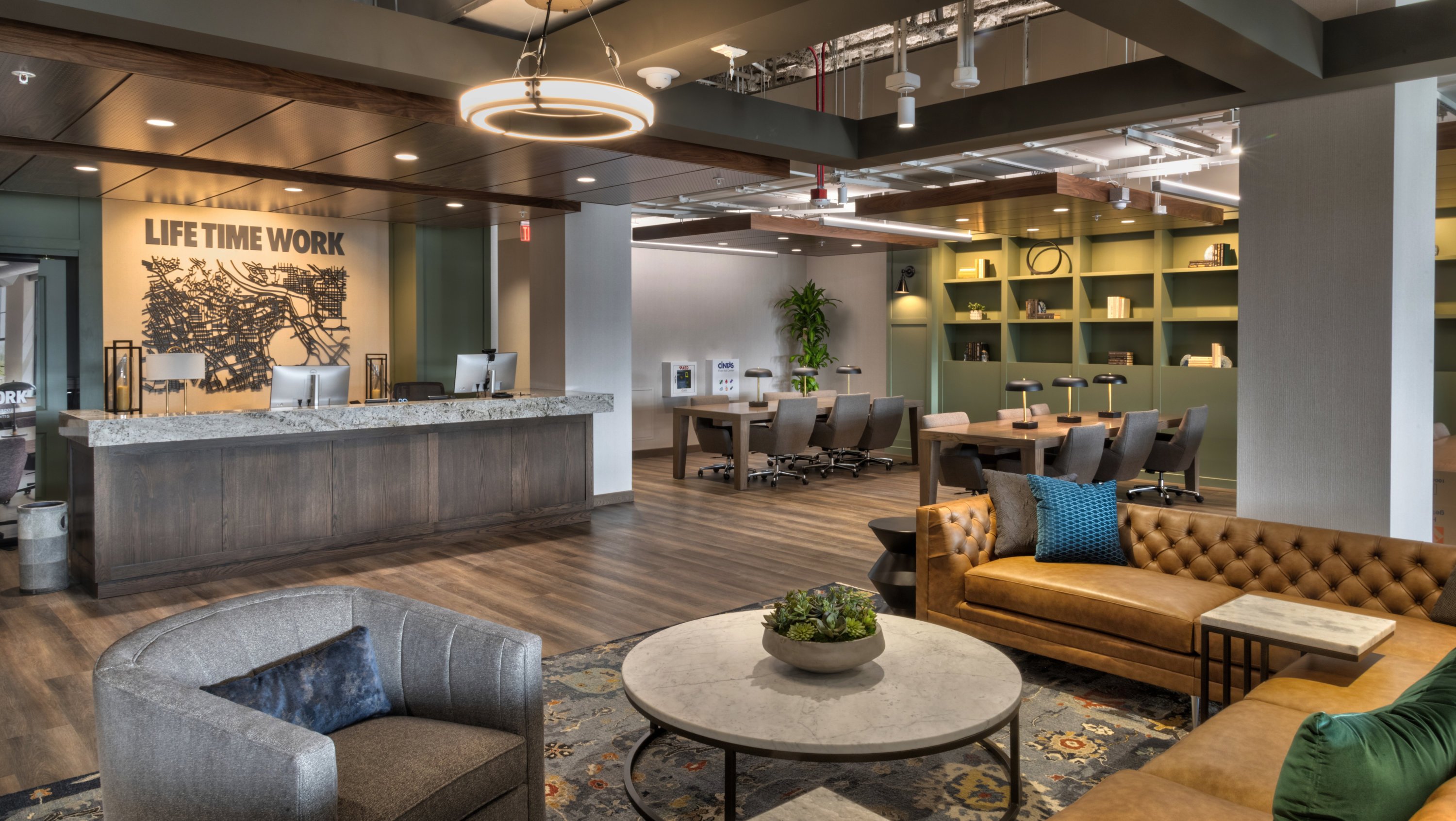 Couches and desks in coworking space Life Time Work. Photo by Fredde Lieberman.