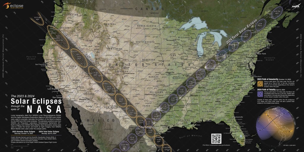 The 2024 path of totality. Courtesy of NASA/Scientific Visualization Studio/Michala Garrison; Eclipse Calculations By Ernie Wright, NASA Goddard Space Flight Center.