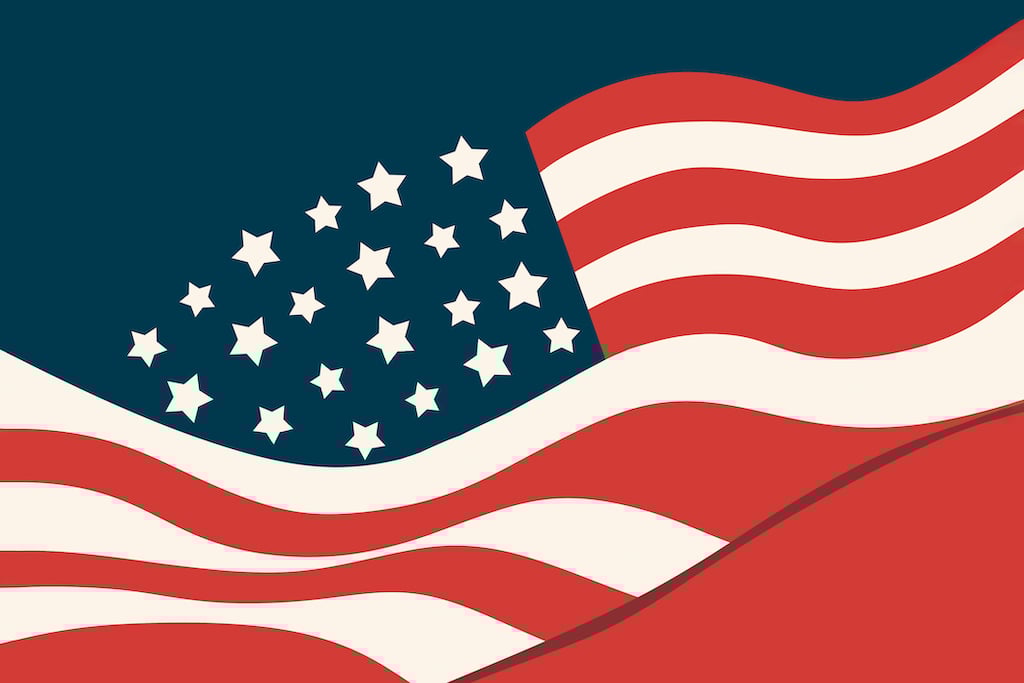 Stylized American flag illustration with flowing stripes and stars against a deep navy backdrop - Washingtonian